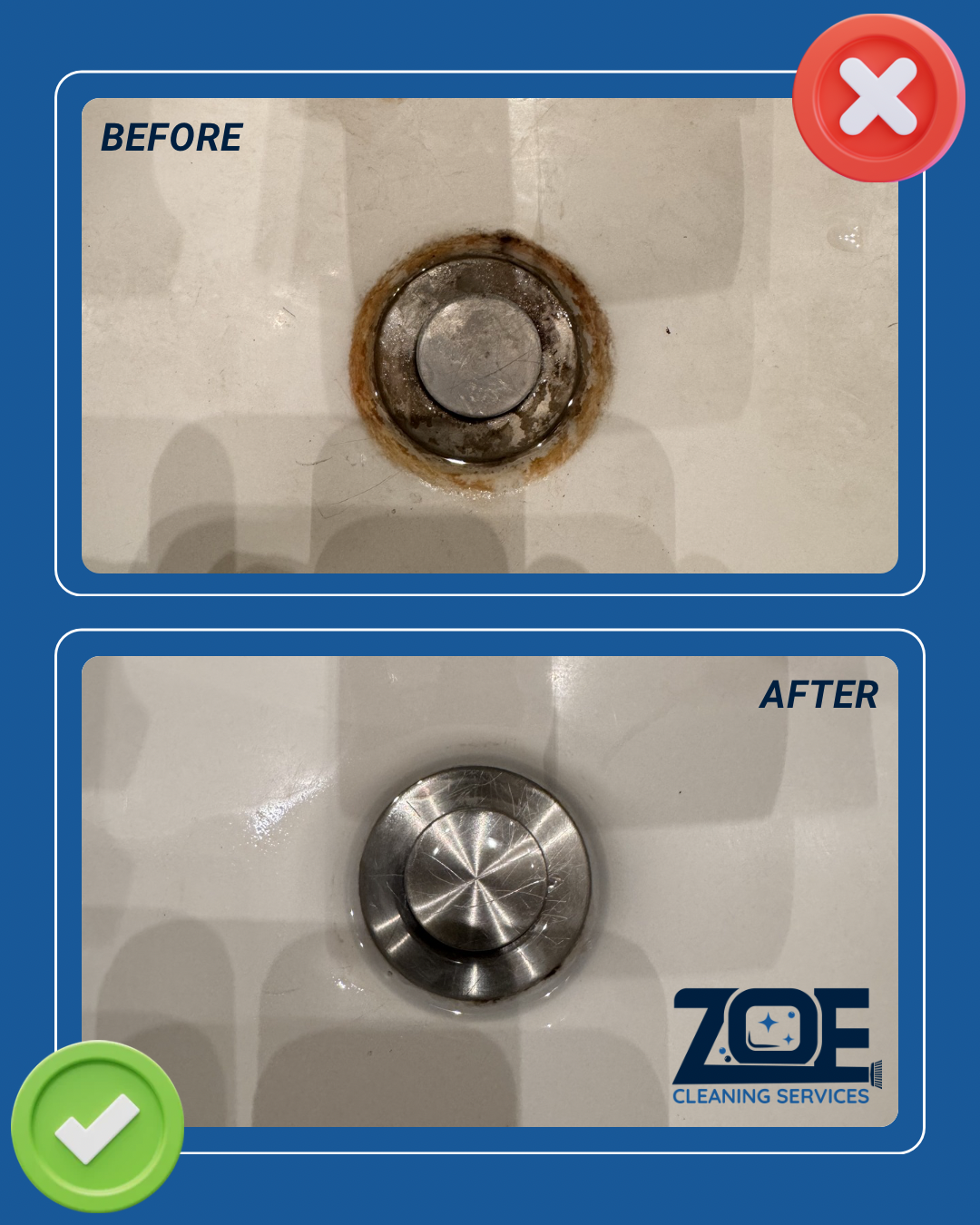 Sink drain before and after cleaning