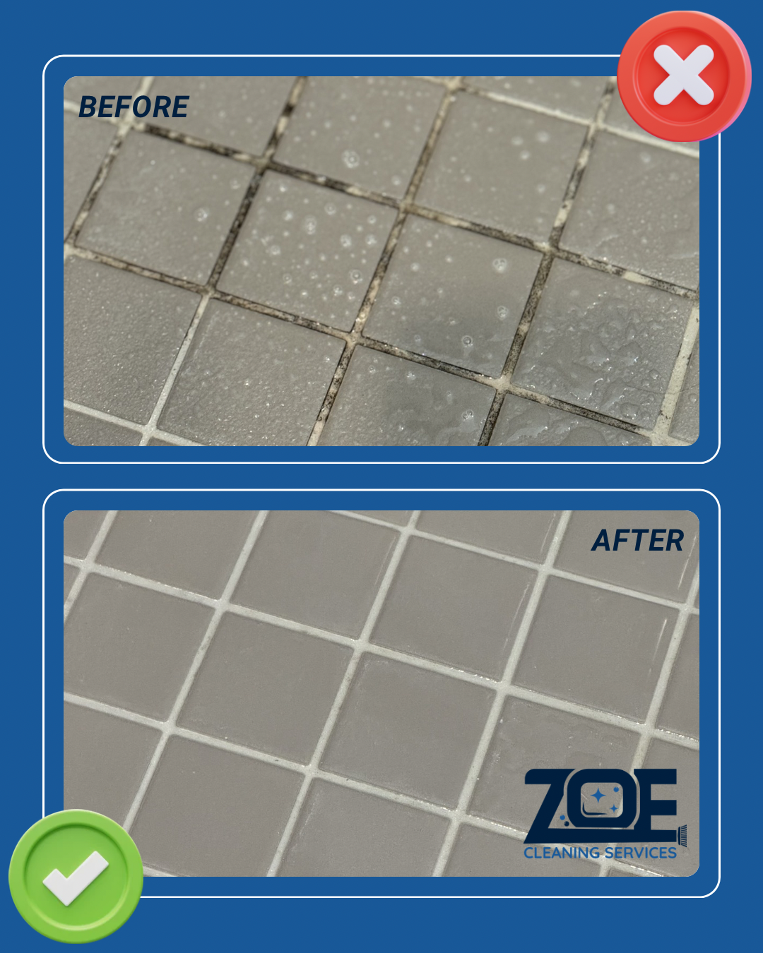 Shower tile grout before and after cleaning
