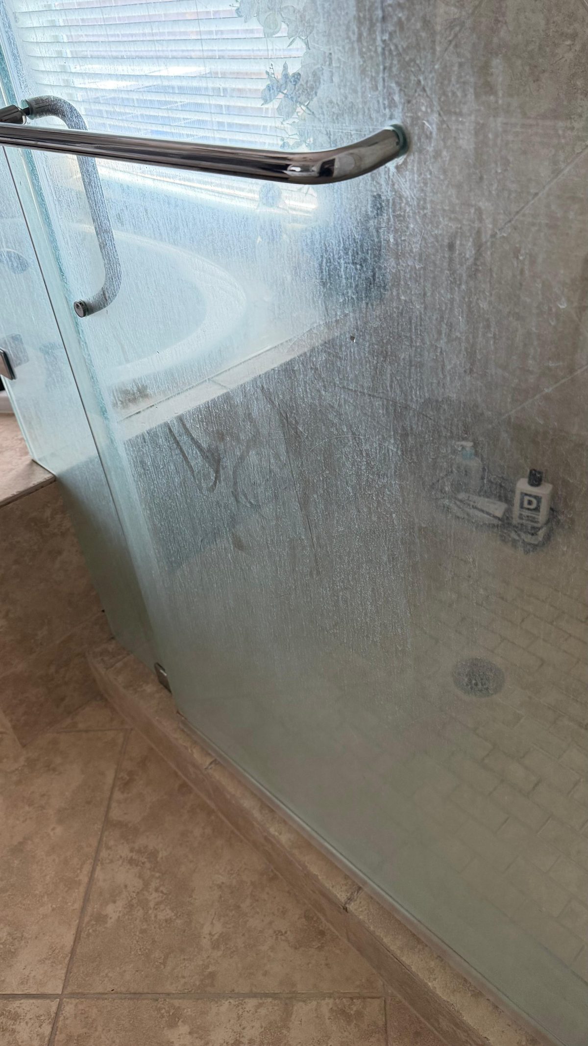 Shower glass & tile descaled — before